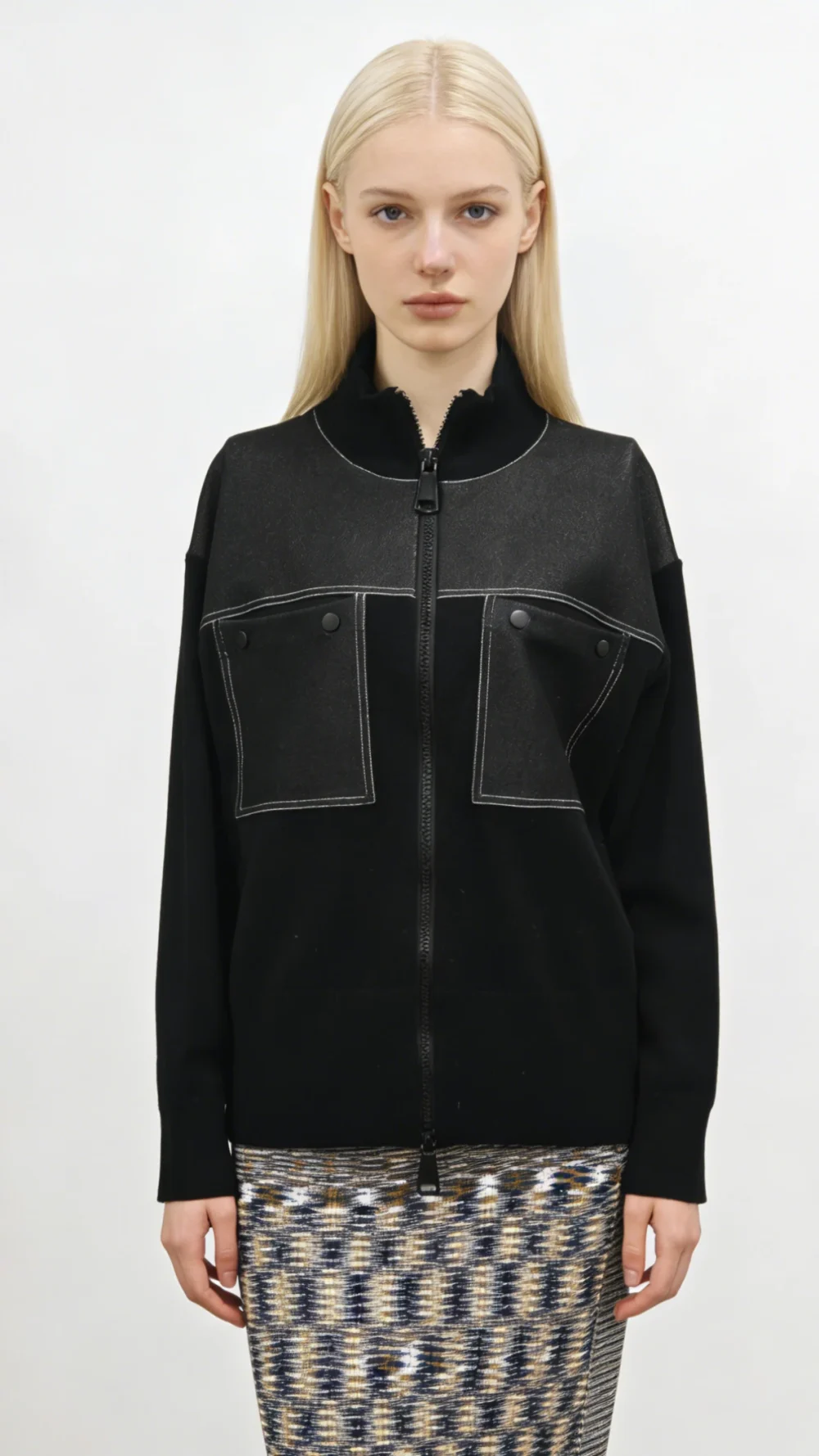 Contrast Detail Wool Blend Zip Jacke